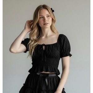 American Eagle Black Eyelet Smocked Crop Top XXS Cottagecore Boho Puff Sleeve